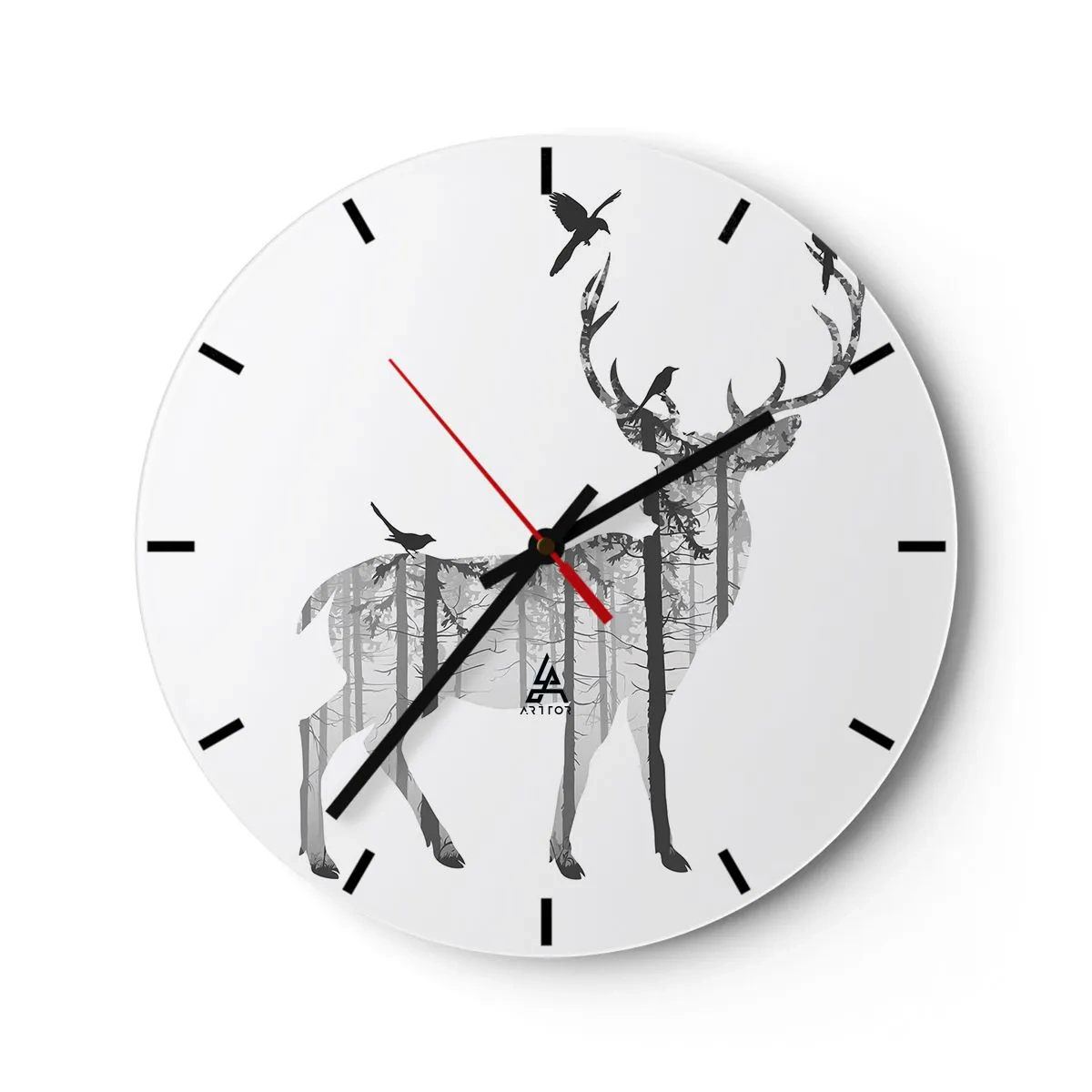 Wanduhr - Glasuhr - Silhouette eines Hirsches mit Wald- und Vogelmotiv - 30x30cm - Guter Waldgeist - Moderne Wanddekoration für Wohnzimmer, Küche und Schlafzimmer ARTTOR