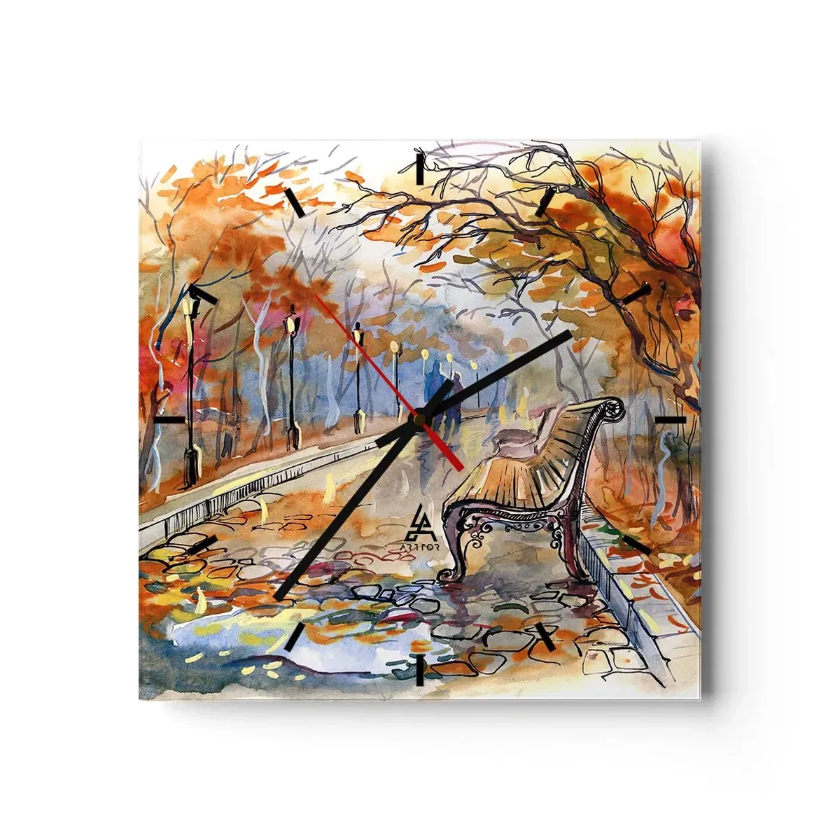 Wanduhr - Glasuhr - Ein herbstlicher Park mit einer Bank in Aquarell - 30x30cm - Gemeinsam im Herbst wandern - Moderne Wanddekoration für Wohnzimmer und Schlafzimmer ARTTOR