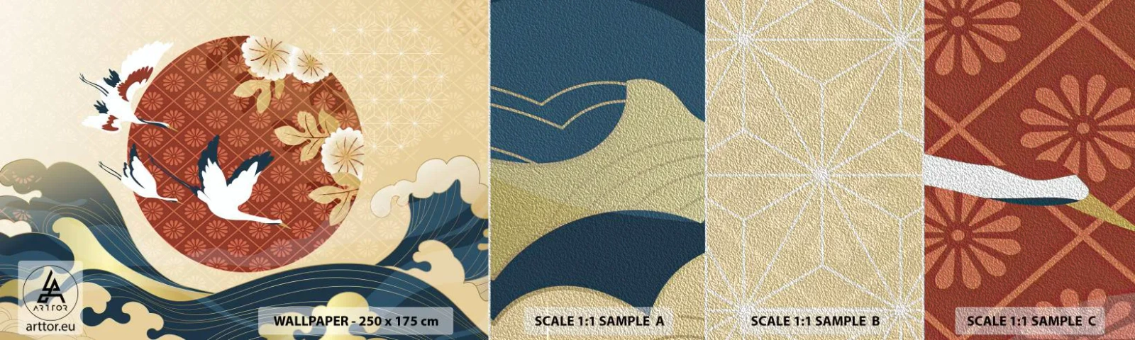 Fototapeten Muster Premium Sand - Japanisches Märchen - Reiher, Vogel, Abstraktion - 100x30 cm