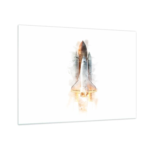 Glasbild - Bild auf glas - Ein startendes Space Shuttle im Aquarellstil auf weißem Hintergrund. - 70x50cm - Entdecker für den Anfang - Moderne Wanddekoration für Wohnzimmer und Schlafzimmer ARTTOR