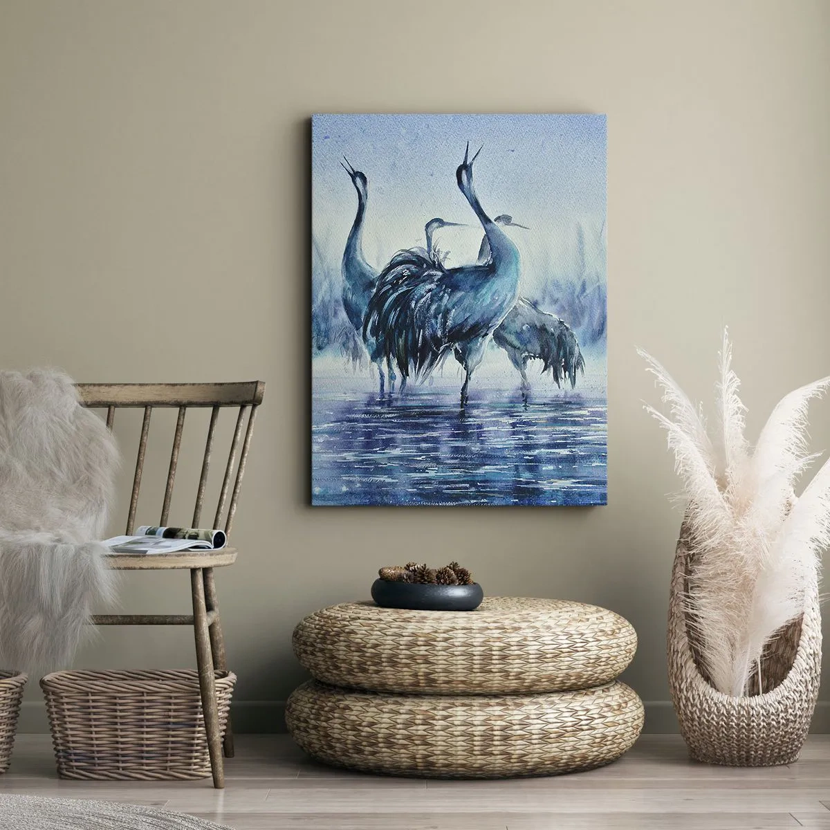 Bild auf Leinwand - Leinwandbild - Kräne vor dem Hintergrund von Nebel und Wasser in Blautönen - 50x70cm - Morgentliches Treffen - Moderne Wanddekoration für Wohnzimmer und Schlafzimmer ARTTOR