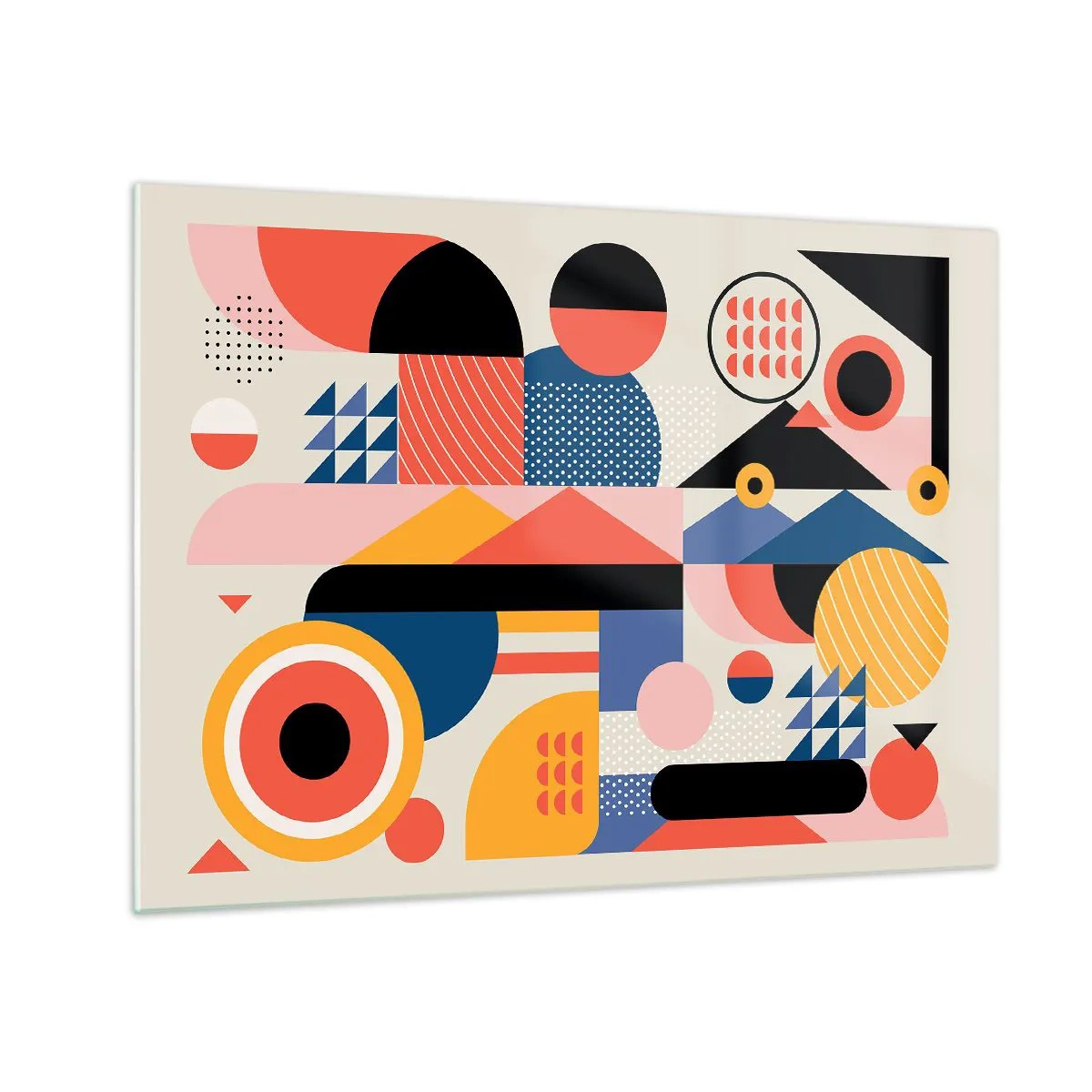 Glasbild - Bild auf glas - Bunte geometrische Abstraktion mit Kreisen und Dreiecken - 70x50cm - Komposition: Na, los, spiel! - Moderne Wanddekoration für Wohnzimmer und Schlafzimmer ARTTOR