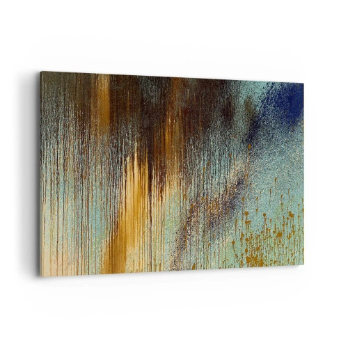 Bild auf Leinwand - Leinwandbild - Eine abstrakte Farbkomposition in Gold-, Braun- und Blautönen. - 100x70cm - Eine nicht zufällige farbenfrohe Komposition - Moderne Wanddekoration für Wohnzimmer und Schlafzimmer ARTTOR