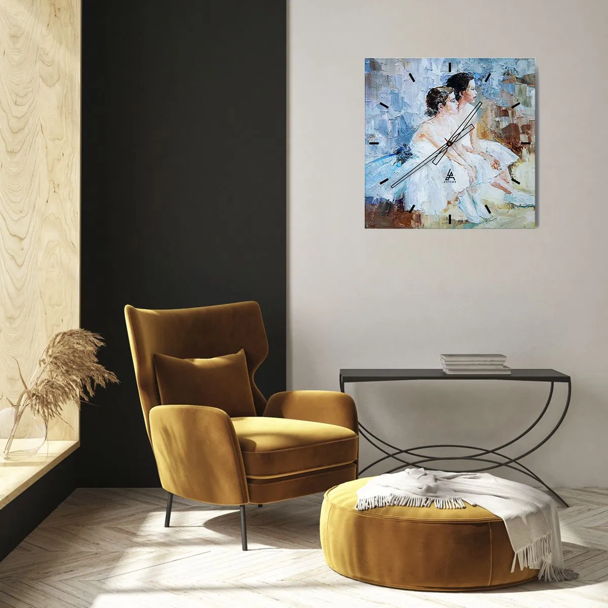 Wanduhr - Glasuhr - Zwei Ballerinas in weißen Outfits entspannen vor einem pastellfarbenen Hintergrund. - 30x30cm - Rest der jungen Schwäne - Moderne Wanddekoration für Wohnzimmer und Schlafzimmer ARTTOR