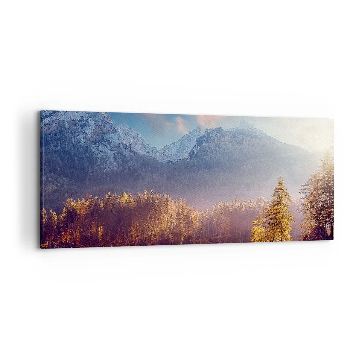 Bild auf Leinwand - Leinwandbild - Malerischer Blick auf den Bergwald und den See im Morgengrauen - 120x50cm - In den Bergen und Tälern - Moderne Wanddekoration für Wohnzimmer und Schlafzimmer ARTTOR