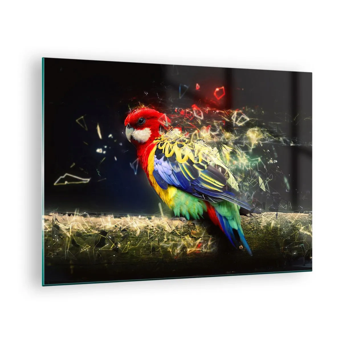 Glasbild - Bild auf glas - Ein bunter Papagei in einer künstlerischen Komposition mit Shatter-Effekt - 70x50cm - Botschafter des Strahlens - Moderne Wanddekoration für Wohnzimmer und Schlafzimmer ARTTOR