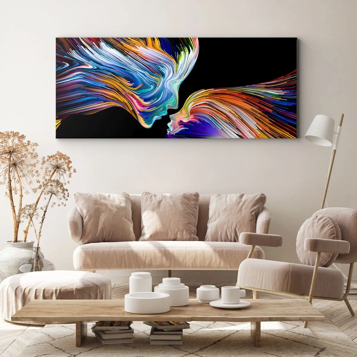 Bild auf Leinwand - Leinwandbild - Bunte Silhouetten von Gesichtern in dynamischen Strömen auf schwarzem Hintergrund - 160x50cm - Eine Verschmelzung von Energie und Licht - Moderne Wanddekoration für Wohnzimmer und Schlafzimmer ARTTOR