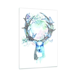 Glasbild - Bild auf glas - Illustration eines Hirsches mit Schmetterlingen auf seinem Geweih - 50x70cm - Die Kraft und Feinheit der Natur - Moderne Wanddekoration für Wohnzimmer und Schlafzimmer ARTTOR