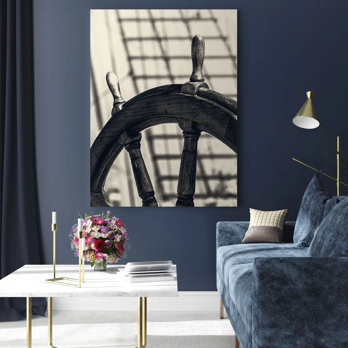 Glasbild - Bild auf glas - Ein Segelruder im Retro-Stil mit einem Schiff im Hintergrund - 80x120cm - Meeresgeschichten - Moderne Wanddekoration für Wohnzimmer und Schlafzimmer ARTTOR