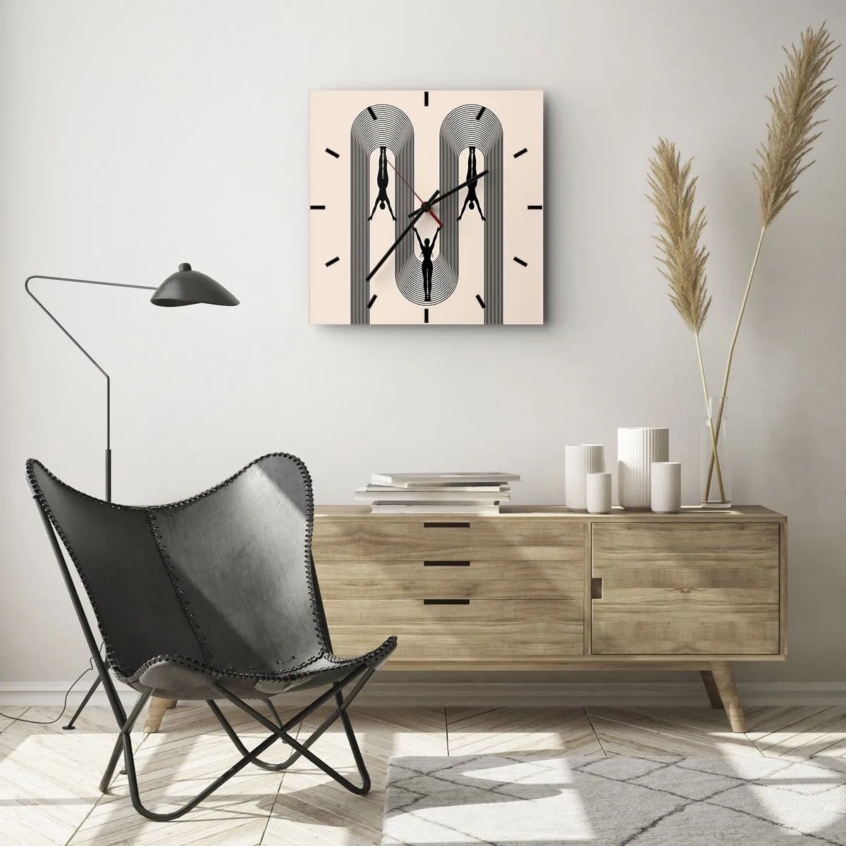 Wanduhr - Glasuhr - Geometrische Silhouetten auf beigem Hintergrund - 30x30cm - Verkehrt herum - Moderne Wanddekoration für Wohnzimmer und Schlafzimmer ARTTOR