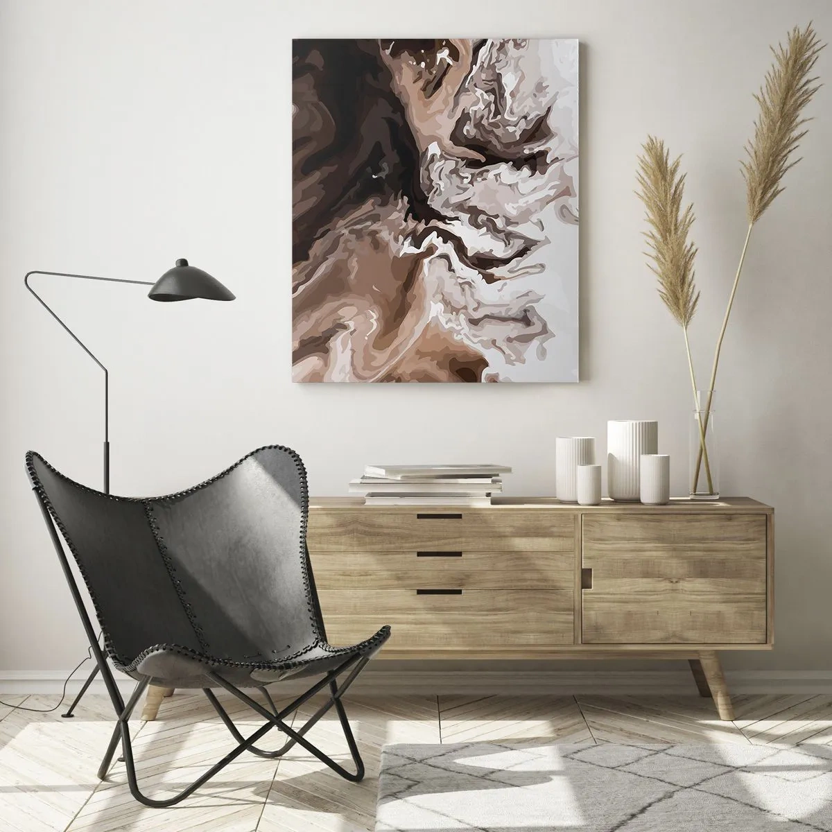 Glasbild - Bild auf glas - Abstraktion in Brauntönen mit dynamischen Linien - 80x120cm - Farbkontrast - Moderne Wanddekoration für Wohnzimmer und Schlafzimmer ARTTOR