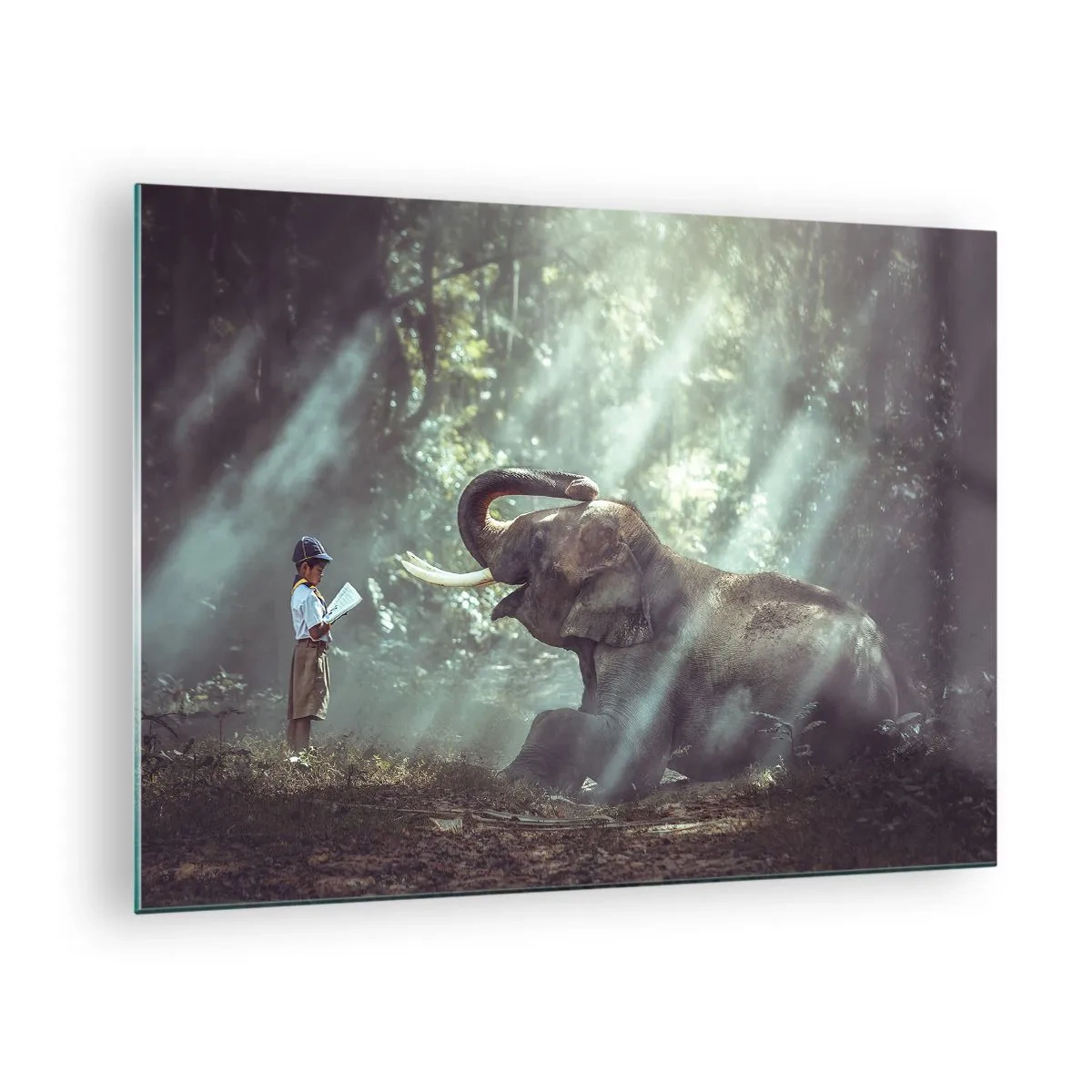 Glasbild - Bild auf glas - Ein Junge mit einem Buch und einem Elefanten in einer Waldkulisse - 70x50cm - Und hör dir das an... - Moderne Wanddekoration für Wohnzimmer und Schlafzimmer ARTTOR