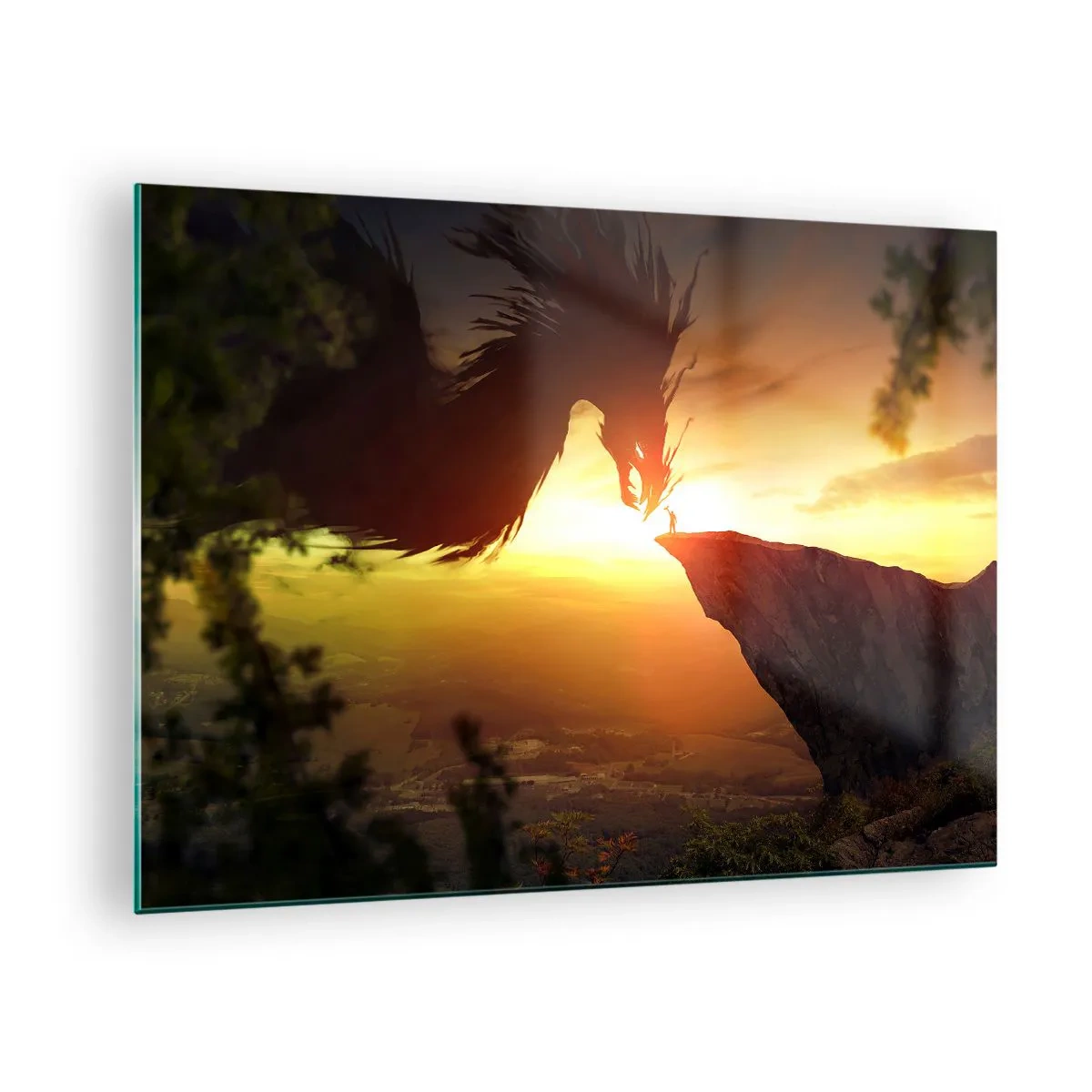 Glasbild - Bild auf glas - Ein Drache im Schein der untergehenden Sonne über einer Klippe - 70x50cm - Drachentöter - Moderne Wanddekoration für Wohnzimmer und Schlafzimmer ARTTOR