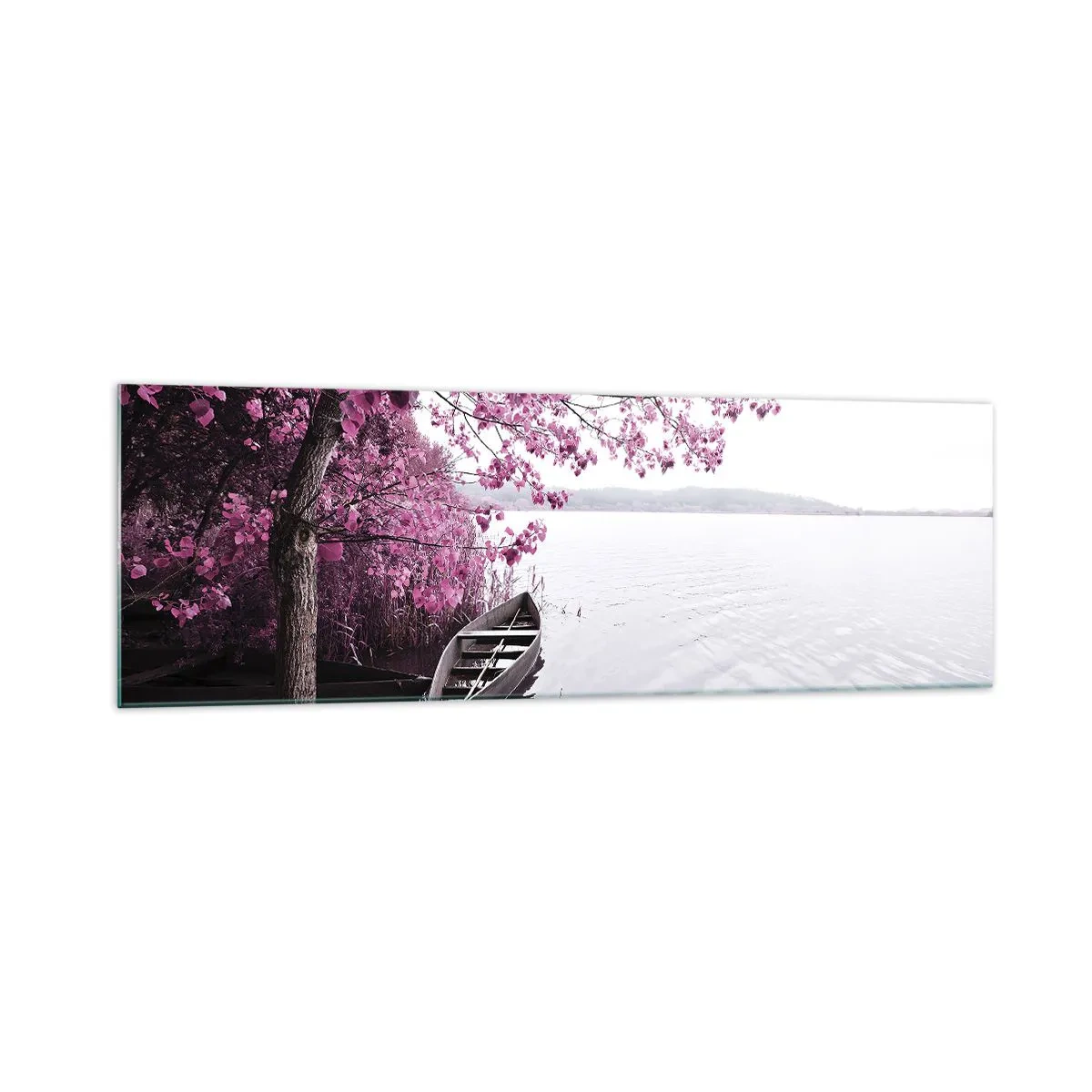 Glasbild - Bild auf glas - Ein Boot am Ufer eines Sees zwischen rosa Bäumen - 160x50cm - In rosa Stille - Moderne Wanddekoration für Wohnzimmer und Schlafzimmer ARTTOR