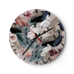 Wanduhr - Glasuhr - Pfau und weiße Vögel zwischen Blumen auf beigem Hintergrund - 30x30cm - Im Schlossgarten - Moderne Wanddekoration für Wohnzimmer, Küche und Schlafzimmer ARTTOR