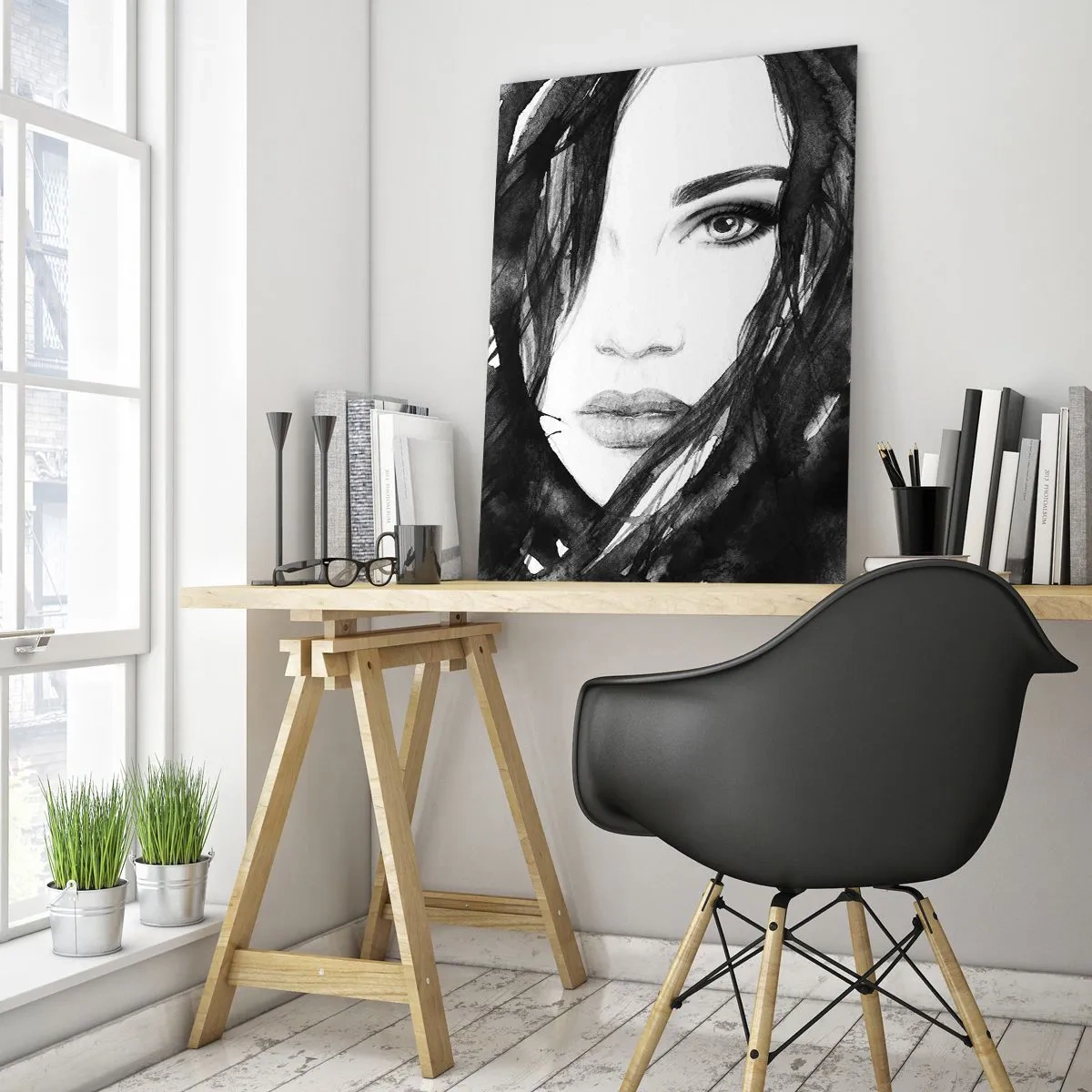 Glasbild - Bild auf glas - Weibliche Schwarz-Weiß-Aquarellporträts - 50x70cm - Porträt einer Dame in Schwarzweiß - Moderne Wanddekoration für Wohnzimmer und Schlafzimmer ARTTOR