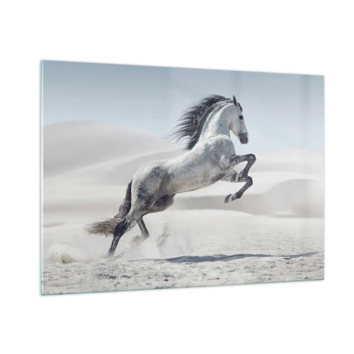 Glasbild - Bild auf glas - Ein weißes Pferd springt vor der Kulisse der Wüstendünen - 100x70cm - Arabischer Prinz - Moderne Wanddekoration für Wohnzimmer und Schlafzimmer ARTTOR