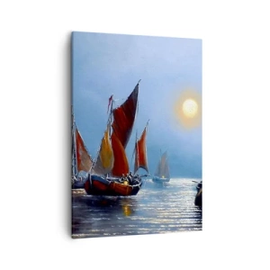 Bild auf Leinwand - Leinwandbild - Boote mit Segeln auf ruhigem Wasser bei Sonnenuntergang - 50x70cm - Nachtfang - Moderne Wanddekoration für Wohnzimmer und Schlafzimmer ARTTOR