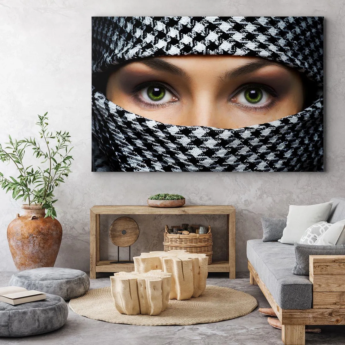 Bild auf Leinwand - Leinwandbild - Hinter einem schwarz-weiß gemusterten Stoff verbergen sich die grünen Augen einer Frau. - 70x50cm - Ein Porträt einer verschleierten grünäugigen Schönheit - Moderne Wanddekoration ARTTOR