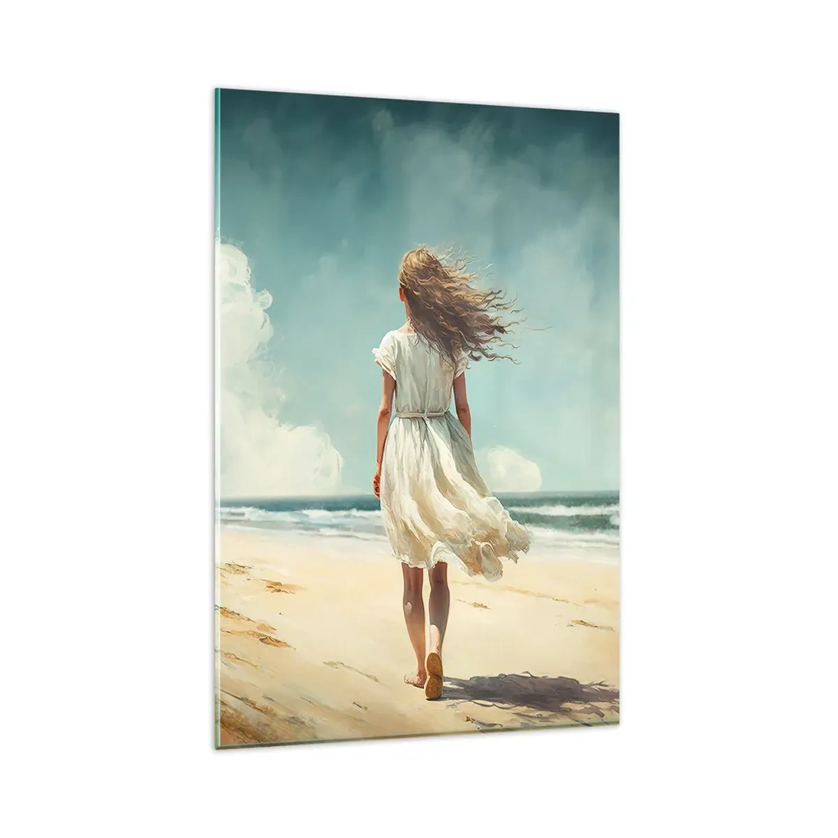 Glasbild - Bild auf glas - Eine Frau in einem weißen Kleid geht an einem sonnigen Tag am Strand spazieren - 80x120cm - Der Sonne und dem Wind begegnen - Moderne Wanddekoration für Wohnzimmer und Schlafzimmer ARTTOR