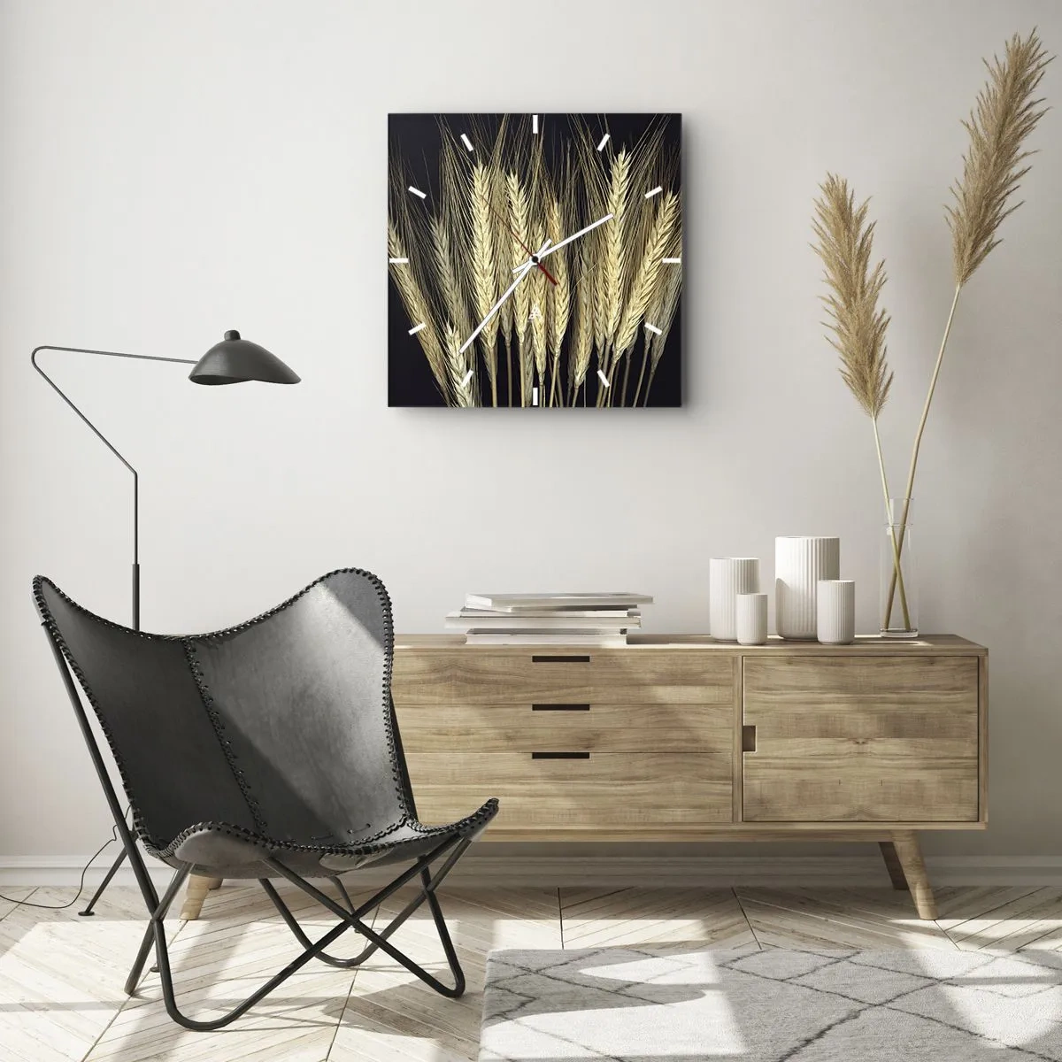 Wanduhr - Glasuhr - Weizenähren auf schwarzem Hintergrund im rustikalen Stil - 30x30cm - Rustikale Magie - Moderne Wanddekoration für Wohnzimmer und Schlafzimmer ARTTOR