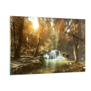 Glasbild - Bild auf glas - Ein Wasserfall in einem Park, umgeben von Bäumen in Herbstfarben - 120x80cm - Parkkaskade - Moderne Wanddekoration für Wohnzimmer und Schlafzimmer ARTTOR
