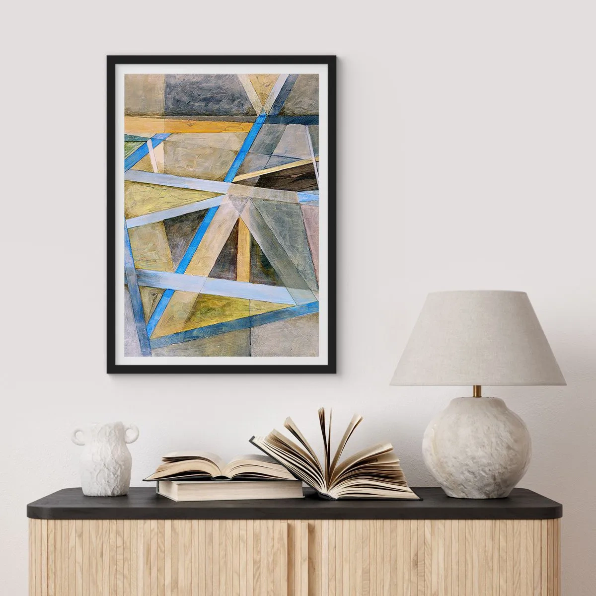 Poster in einem schwarzem Rahmen - Geometrische Abstraktion mit Blau- und Goldtönen - 50x70cm - Gerade oder diagonal? - Moderne Wanddekoration für Wohnzimmer und Schlafzimmer ARTTOR