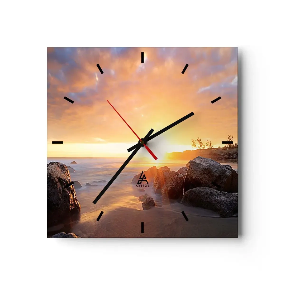 Wanduhr - Glasuhr - Sonnenuntergang über der felsigen Küste - 30x30cm - Leuchtende Brise des Abends - Moderne Wanddekoration für Wohnzimmer und Schlafzimmer ARTTOR