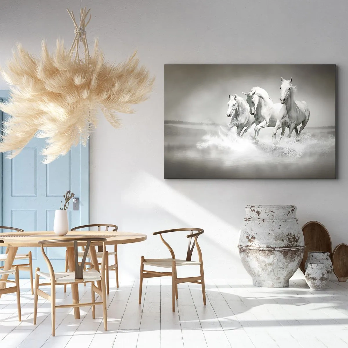 Bild auf Leinwand - Leinwandbild - Drei weiße Pferde galoppieren durch das Wasser - 100x70cm - Weißer Wahnsinn - Moderne Wanddekoration für Wohnzimmer und Schlafzimmer ARTTOR