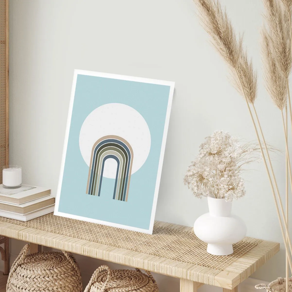 Poster - Ein minimalistischer Bogen mit Pastelltönen vor einem kreisförmigen Hintergrund - 50x70cm - Unwiderstehliche Anziehungskraft - Moderne Wanddekoration für Wohnzimmer und Schlafzimmer ARTTOR