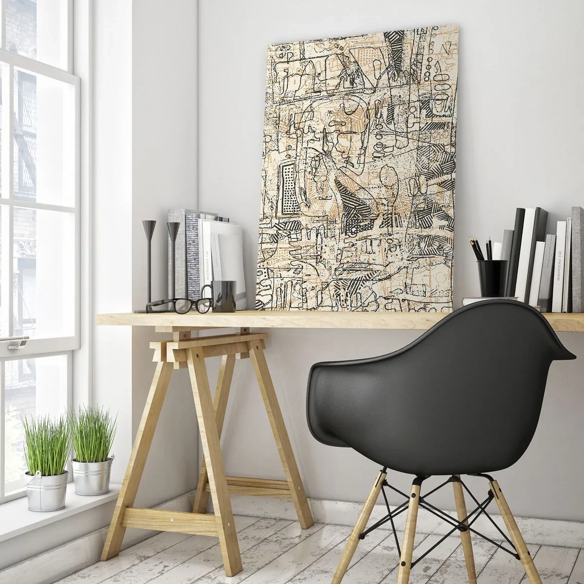 Glasbild - Bild auf glas - Abstrakte Muster und Linien auf beigem Hintergrund - 80x120cm - Es wartet darauf, entschlüsselt zu werden - Moderne Wanddekoration für Wohnzimmer und Schlafzimmer ARTTOR