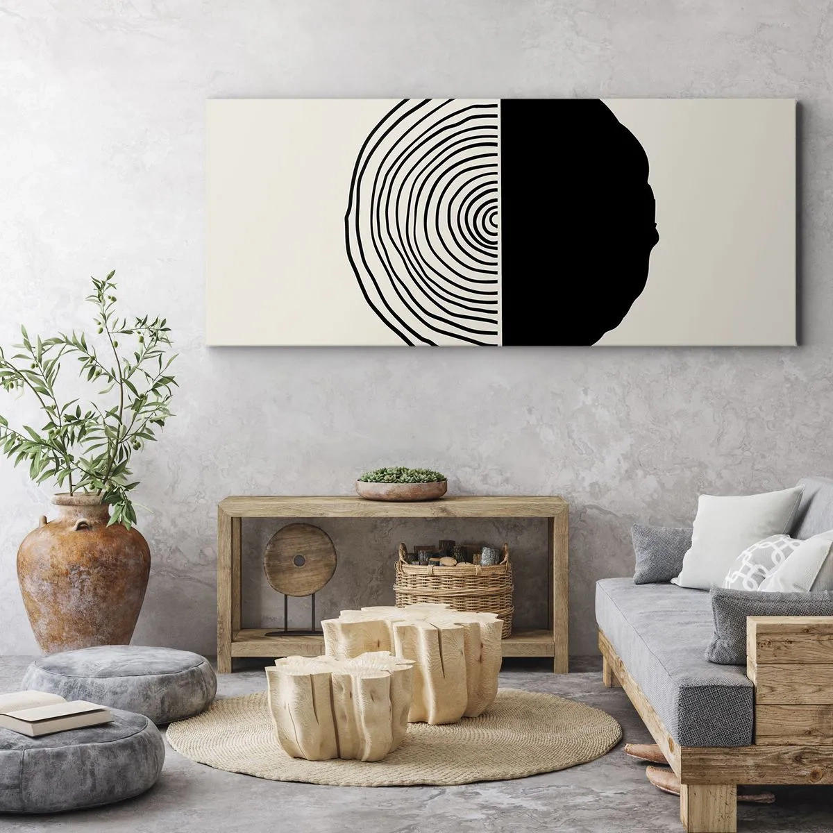 Bild auf Leinwand - Leinwandbild - Ein abstraktes Schwarz-Weiß-Motiv, inspiriert von einem Holzquerschnitt mit geometrischer Unterteilung. - 140x50cm - Halb und halb - Moderne Wanddekoration für Wohnzimmer und Schlafzimmer ARTTOR