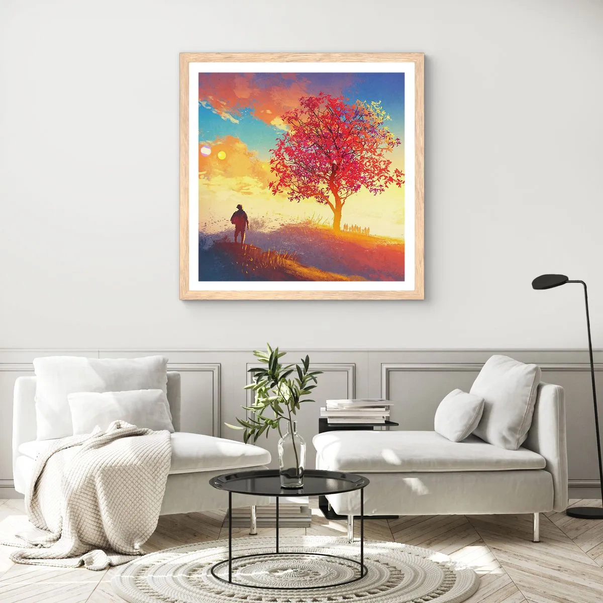 Poster in einem Rahmen aus heller Eiche - Pilger am Ziel - 40x40 cm