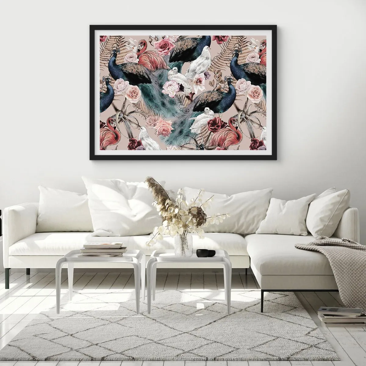 Poster in einem schwarzem Rahmen - Eine Landschaft mit Pfauenfedern, Rosen und Vögeln im romantischen Stil. - 100x70cm - Im Schlossgarten - Moderne Wanddekoration für Wohnzimmer und Schlafzimmer ARTTOR