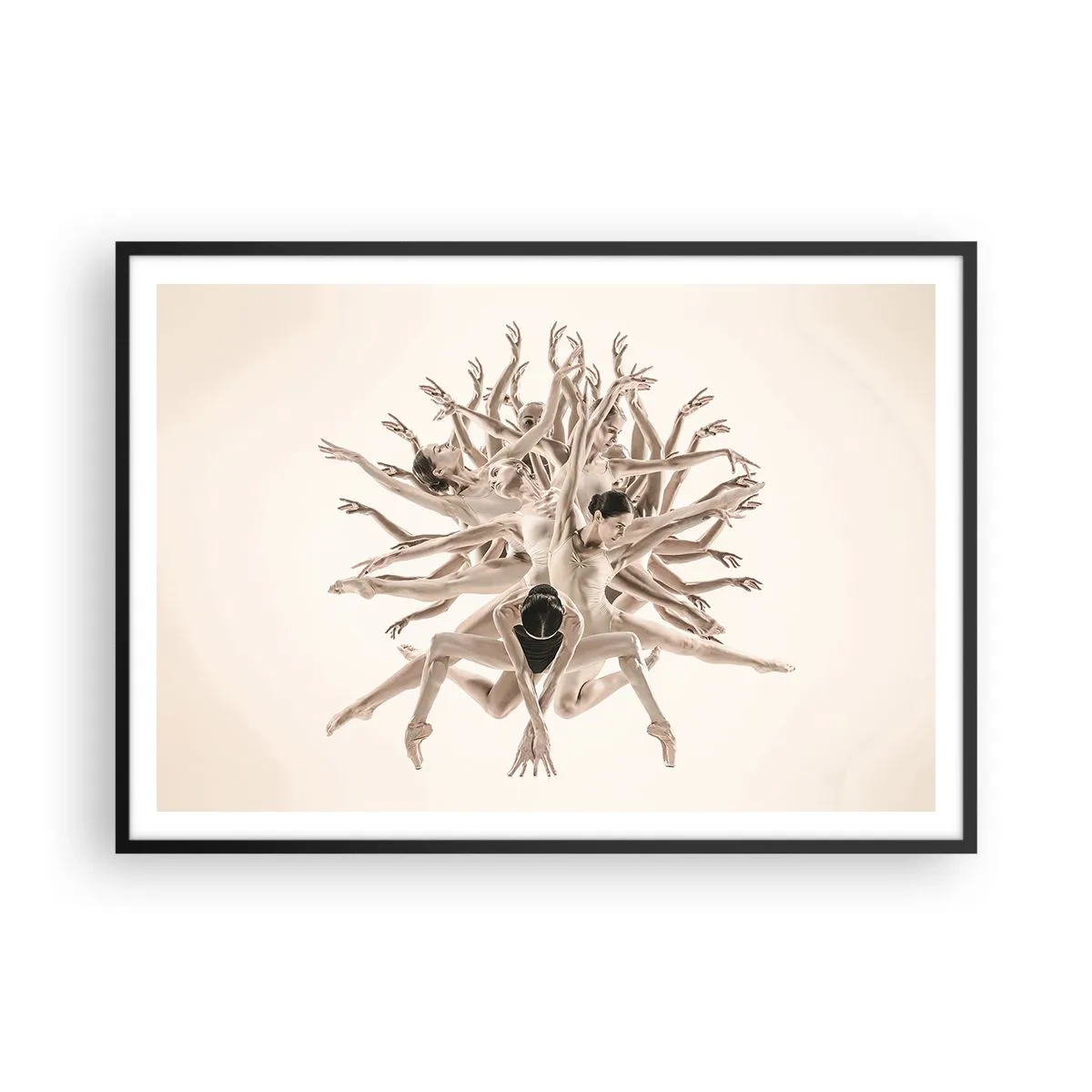 Poster in einem schwarzem Rahmen - Abstrakte Komposition von Tänzern in Bewegung - 100x70cm - Aufblühen im Tanz - Moderne Wanddekoration für Wohnzimmer und Schlafzimmer ARTTOR