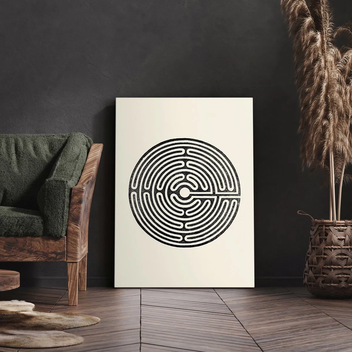 Bild auf Leinwand - Leinwandbild - Schwarz-weißes kreisförmiges Labyrinth auf hellem Hintergrund - 50x70cm - Geheimnisvolle Ordnung - Moderne Wanddekoration für Wohnzimmer und Schlafzimmer ARTTOR
