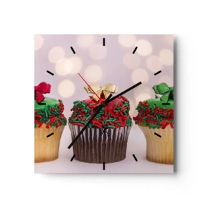 Wanduhr - Glasuhr - Weihnachts-Cupcakes mit bunten Streuseln und Schleifen - 30x30cm - Süßigkeiten bis zu der Schleife - Moderne Wanddekoration für Wohnzimmer und Schlafzimmer ARTTOR