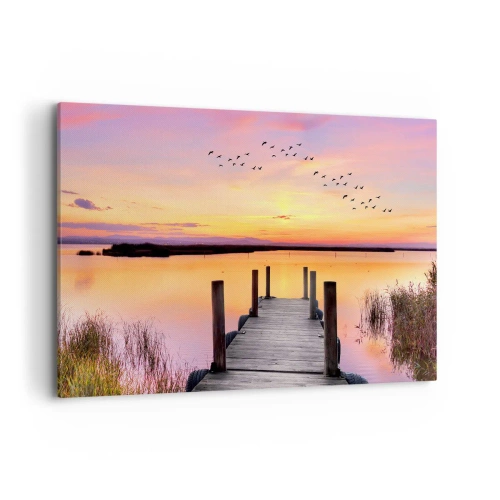 Bild auf Leinwand - Leinwandbild - Ein Pier an einem See bei Sonnenuntergang mit Vögeln am Himmel - 100x70cm - Violette stille Morgendämmerung - Moderne Wanddekoration für Wohnzimmer und Schlafzimmer ARTTOR