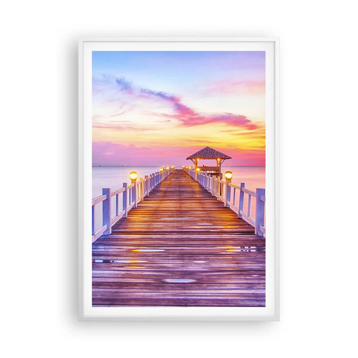 Poster in einem weißen Rahmen - Die lila-goldene Stille des Abends - 70x100 cm