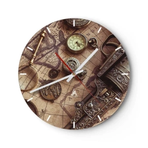 Wanduhr - Glasuhr - Eine stilisierte Karte mit Kompass, Münzen und verzierten Waffen. - 30x30cm - Das Abenteuer ruft - Moderne Wanddekoration für Wohnzimmer, Küche und Schlafzimmer ARTTOR