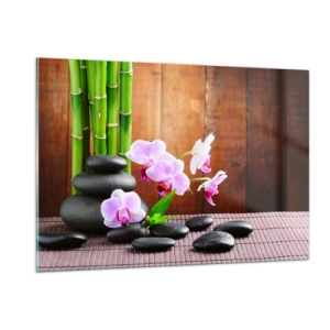 Glasbild - Bild auf glas - Rosa Orchideen, Bambus und schwarze Steine vor einer Holzwand - 120x80cm - Treffen Sie die Freuden des Ostens - Moderne Wanddekoration für Wohnzimmer und Schlafzimmer ARTTOR