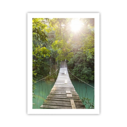 Poster - Holzbrücke in einem tropischen Wald mit Sonnenstrahlen - 50x70cm - Über das azurblaue Wasser zum azurblauen Wald - Moderne Wanddekoration für Wohnzimmer und Schlafzimmer ARTTOR