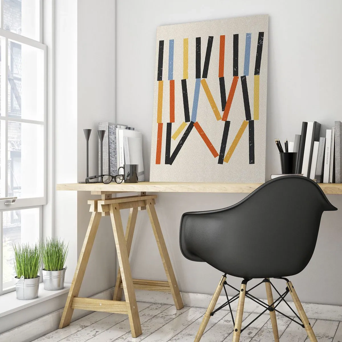 Glasbild - Bild auf glas - Bunte Abstraktion von horizontalen und diagonalen Streifen auf hellem Hintergrund - 50x70cm - Komposition auf der Ebene - Moderne Wanddekoration für Wohnzimmer und Schlafzimmer ARTTOR