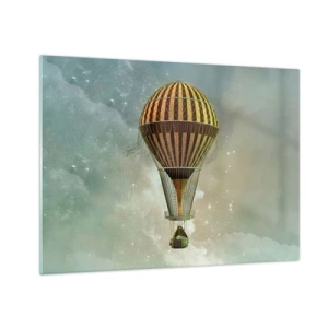 Glasbild - Bild auf glas - Ein stilisierter Ballon vor dem Hintergrund eines Sternenhimmels und Wolken. - 70x50cm - Pionierflüge - Moderne Wanddekoration für Wohnzimmer und Schlafzimmer ARTTOR