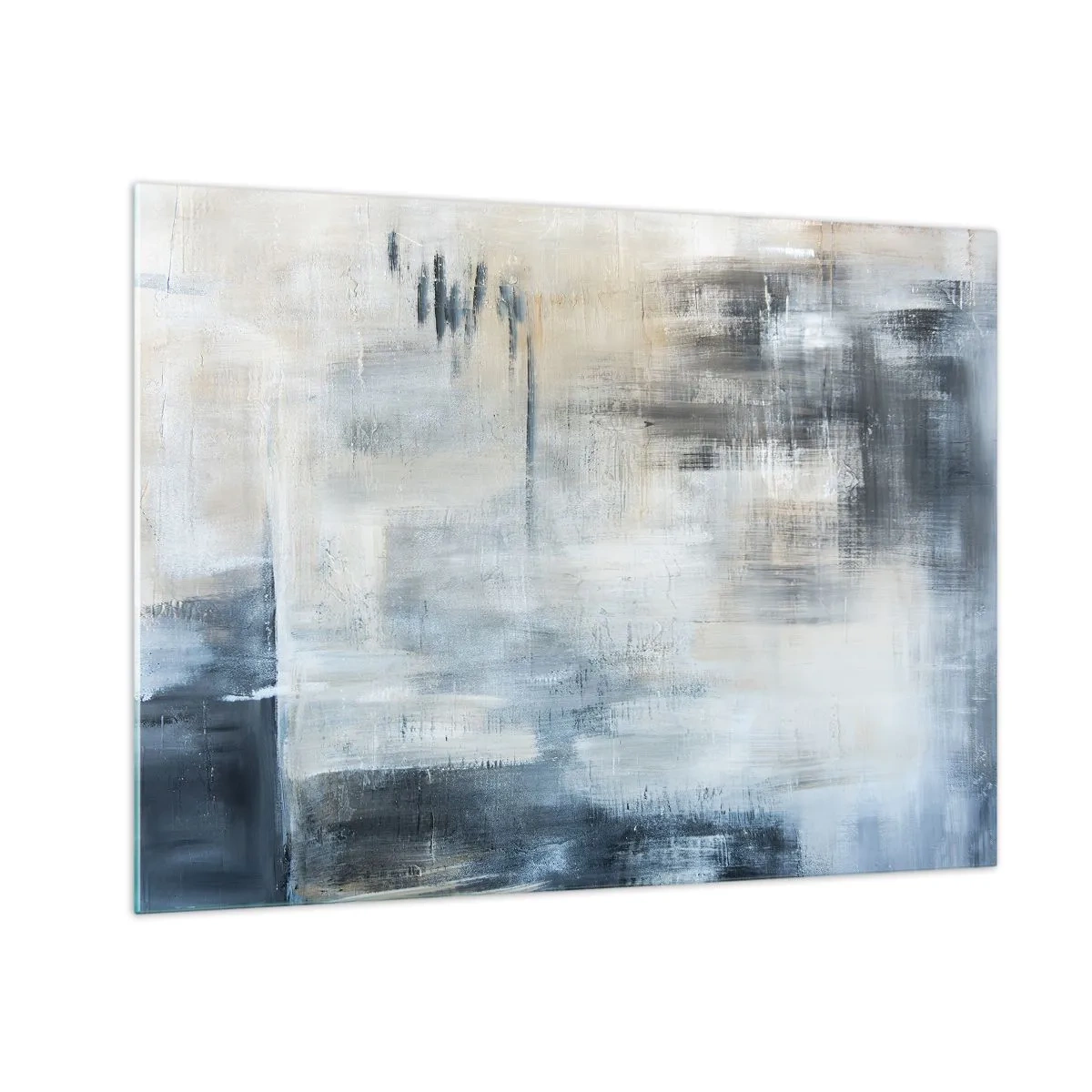 Glasbild - Bild auf glas - Abstrakte Komposition in Blau- und Grautönen - 70x50cm - Hinter dem blauen Vorhang - Moderne Wanddekoration für Wohnzimmer und Schlafzimmer ARTTOR