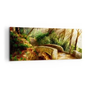 Bild auf Leinwand - Leinwandbild - Waldlandschaft mit Sonnenstrahlen und einer Steinbrücke - 120x50cm - Direkt von der Brücke in den Märchenwald - Moderne Wanddekoration für Wohnzimmer und Schlafzimmer ARTTOR