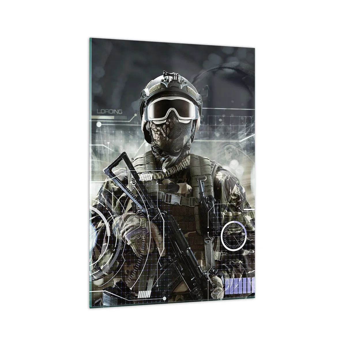 Glasbild - Bild auf glas - Ein Soldat in einem futuristischen Helm mit einer Waffe vor dem Hintergrund der Technologie. - 70x100cm - Macht zu Macht - Moderne Wanddekoration für Wohnzimmer und Schlafzimmer ARTTOR