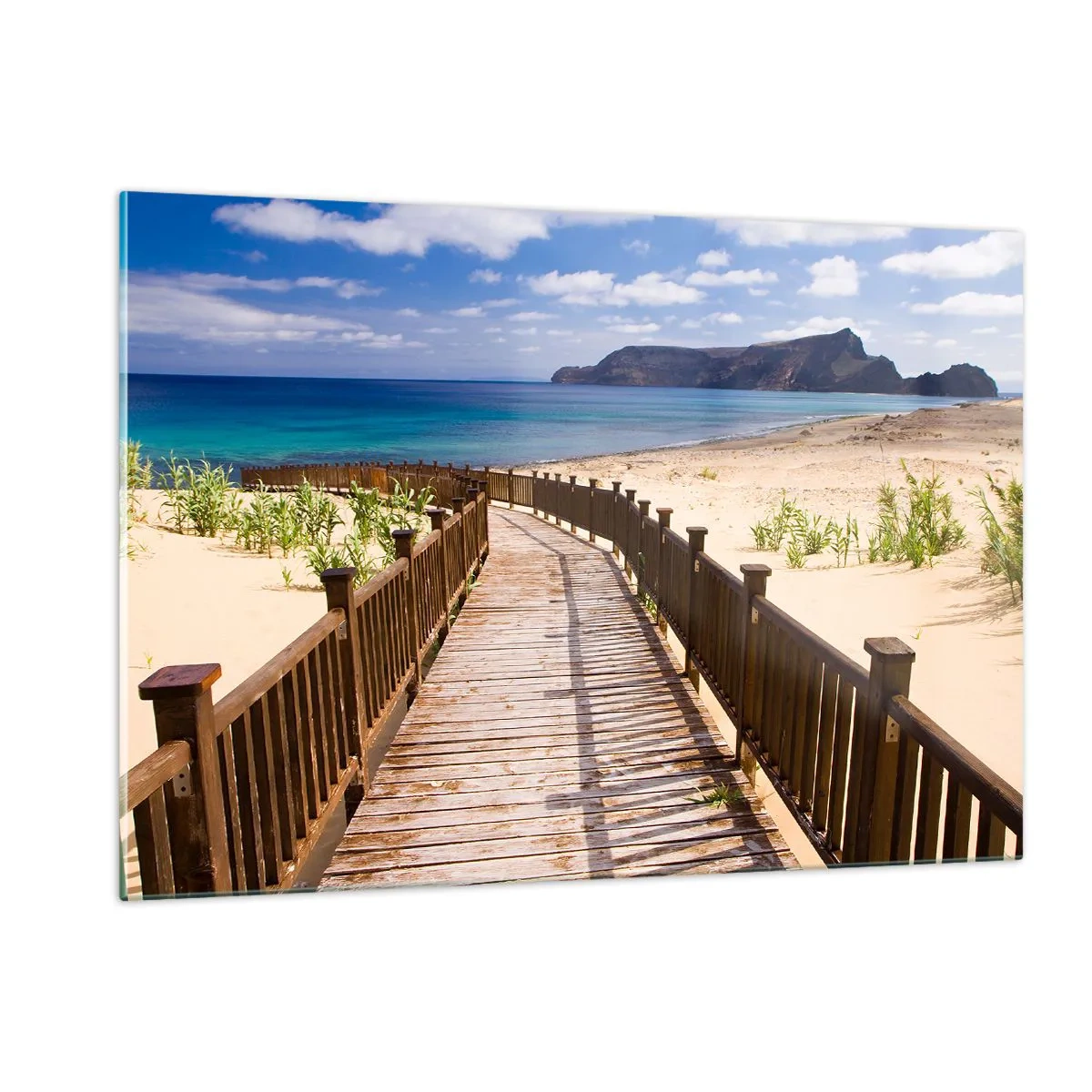 Glasbild - Bild auf glas - Holzweg am Strand, der zum Meer führt - 120x80cm - Bring mich zu den glücklichen Inseln - Moderne Wanddekoration für Wohnzimmer und Schlafzimmer ARTTOR