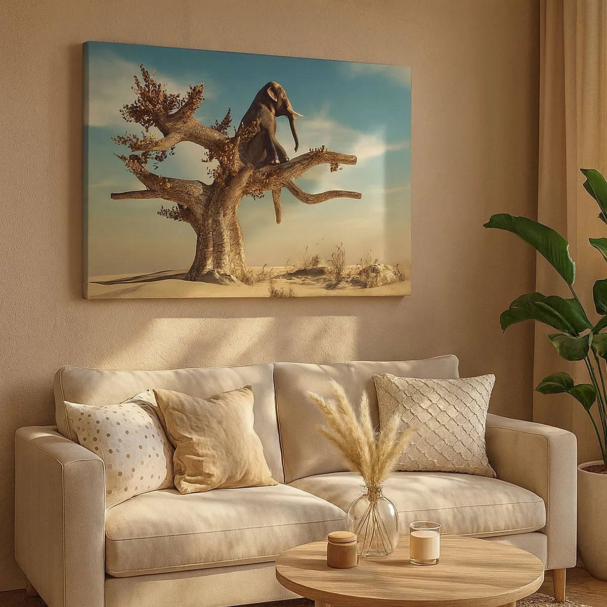 Bild auf Leinwand - Leinwandbild - Ein Elefant sitzt auf einem Baum in einer surrealen Landschaft - 70x50cm - Ein neuer Standpunkt - Moderne Wanddekoration für Wohnzimmer und Schlafzimmer ARTTOR