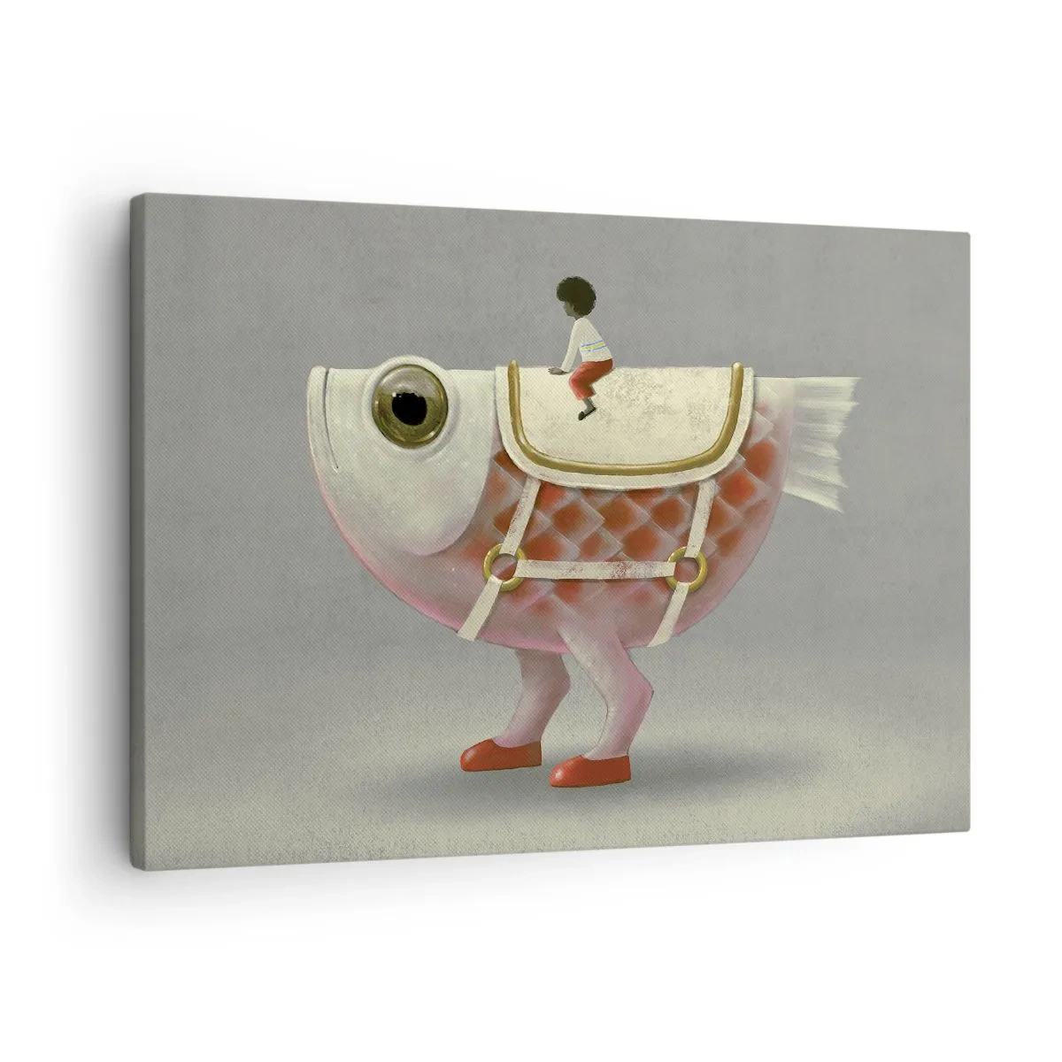 Bild auf Leinwand - Leinwandbild - Ein schicker Fischreiter mit Beinen und Sattel - 70x50cm - Reiter auf einem surrealen Fisch - Moderne Wanddekoration für Wohnzimmer und Schlafzimmer ARTTOR